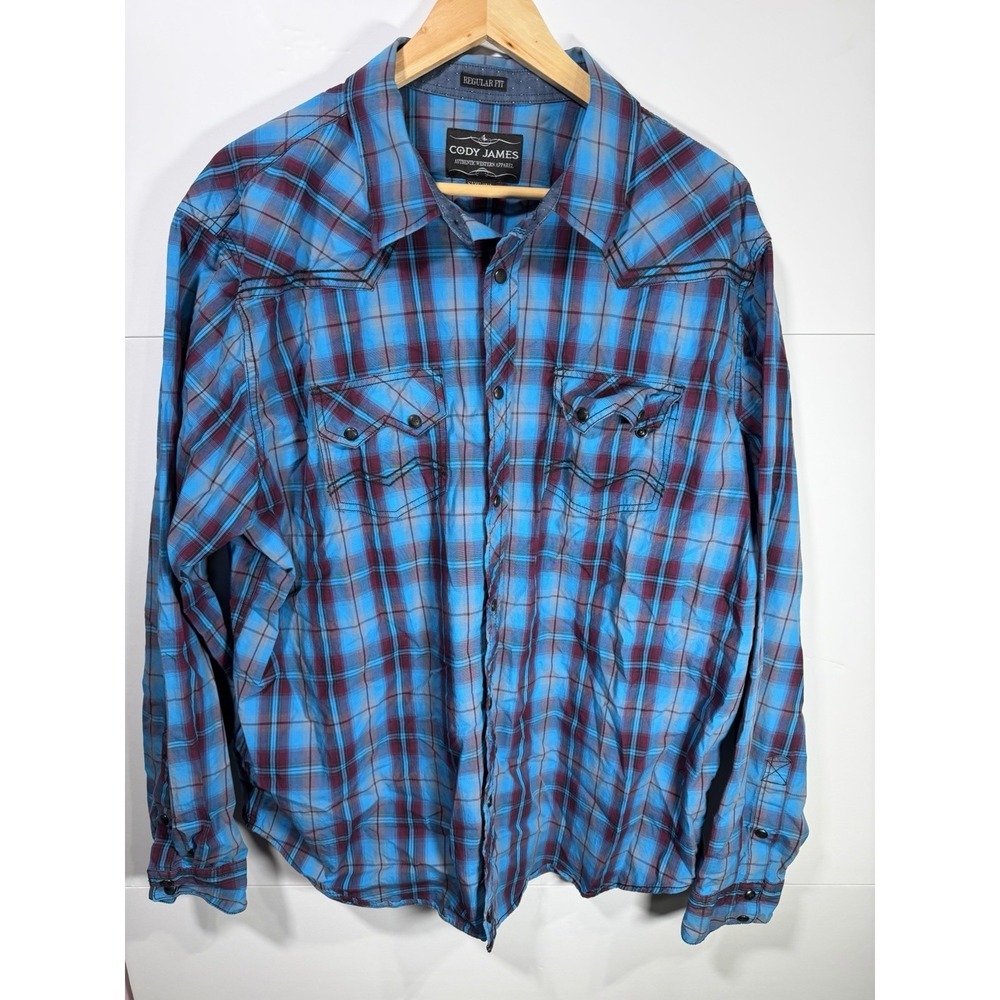 Cody James Western Shirt Mens 2XL Blue Plaid Pearl Snap Long Sleeve Cowboy